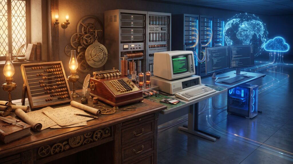 Ilustração da evolução da computação, dos primeiros cálculos à era da nuvem.