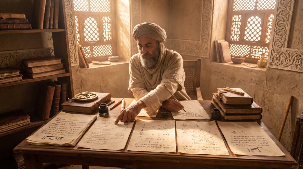 Representação de Al-Khwarizmi, matemático do século IX, debruçado sobre manuscritos em uma sala de estudos com livros e janelas em arco.