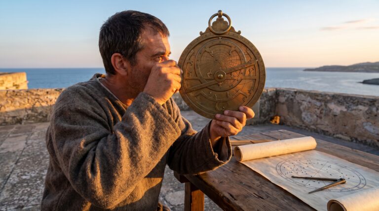 Astrônomo utilizando um astrolábio para realizar observações e cálculos astronômicos.