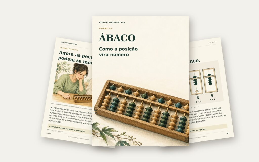 Ebook Ábaco: a capa em destaque e duas páginas internas em leque.