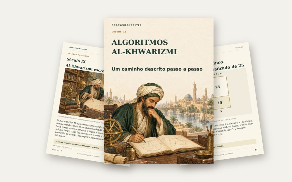 Ebook Algoritmos, Al-Khwarizmi: a capa em destaque e duas páginas internas em leque.