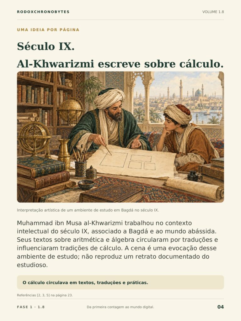 Página do ebook: no século IX, Al-Khwarizmi escreve sobre cálculo.