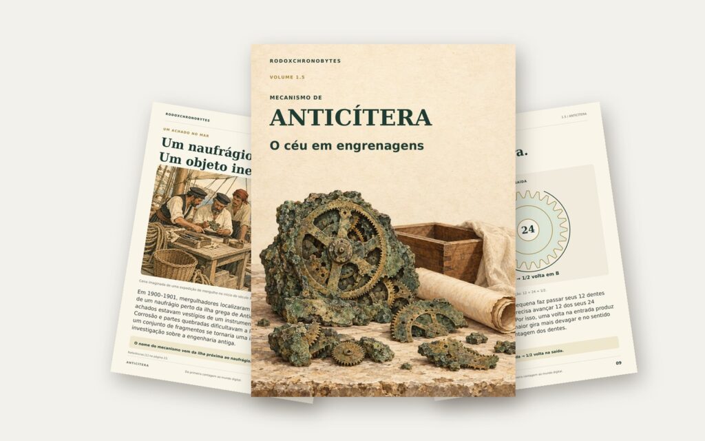 Ebook Mecanismo de Anticítera: a capa em destaque e duas páginas internas em leque.
