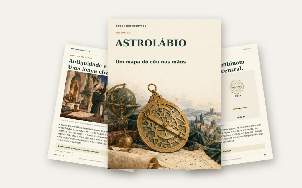 Ebook Astrolábio: a capa em destaque e duas páginas internas em leque.