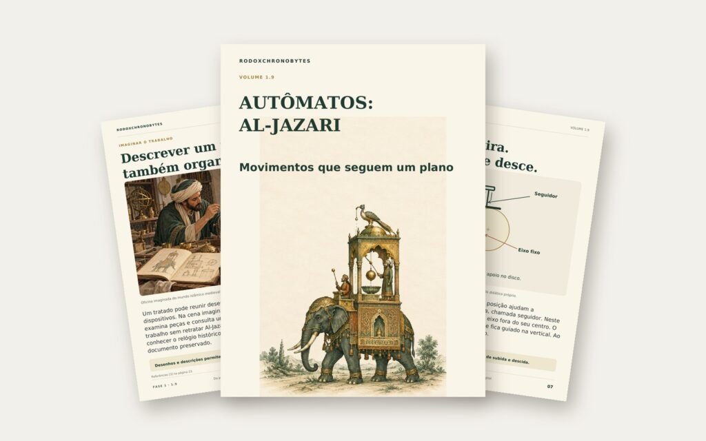 Mockup do ebook Autômatos: Al-Jazari, volume 1.9 do RodoxChronoBytes