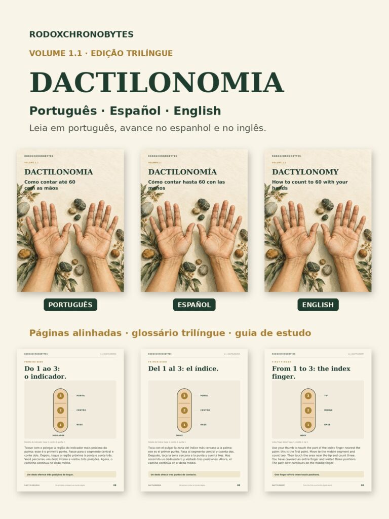 Capa da edição trilíngue de Dactilonomia, volume 1.1 do RodoxChronoBytes