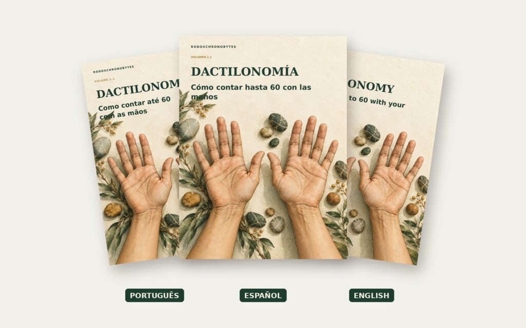 As capas de Dactilonomia em português, espanhol e inglês