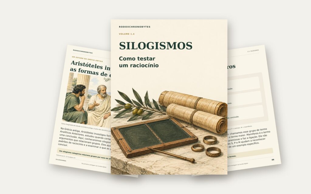 Ebook Silogismos: a capa em destaque e duas páginas internas em leque.