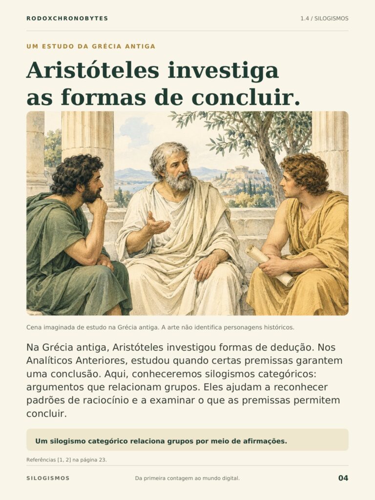 Página do ebook: Aristóteles investiga as formas de concluir.